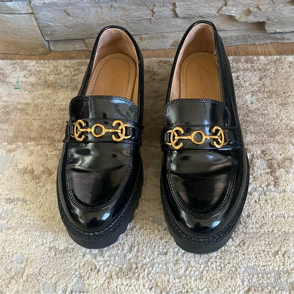 Circus by Sam Edelman Deana Black Loafers Gold Bit Accent Platform Sole: 7